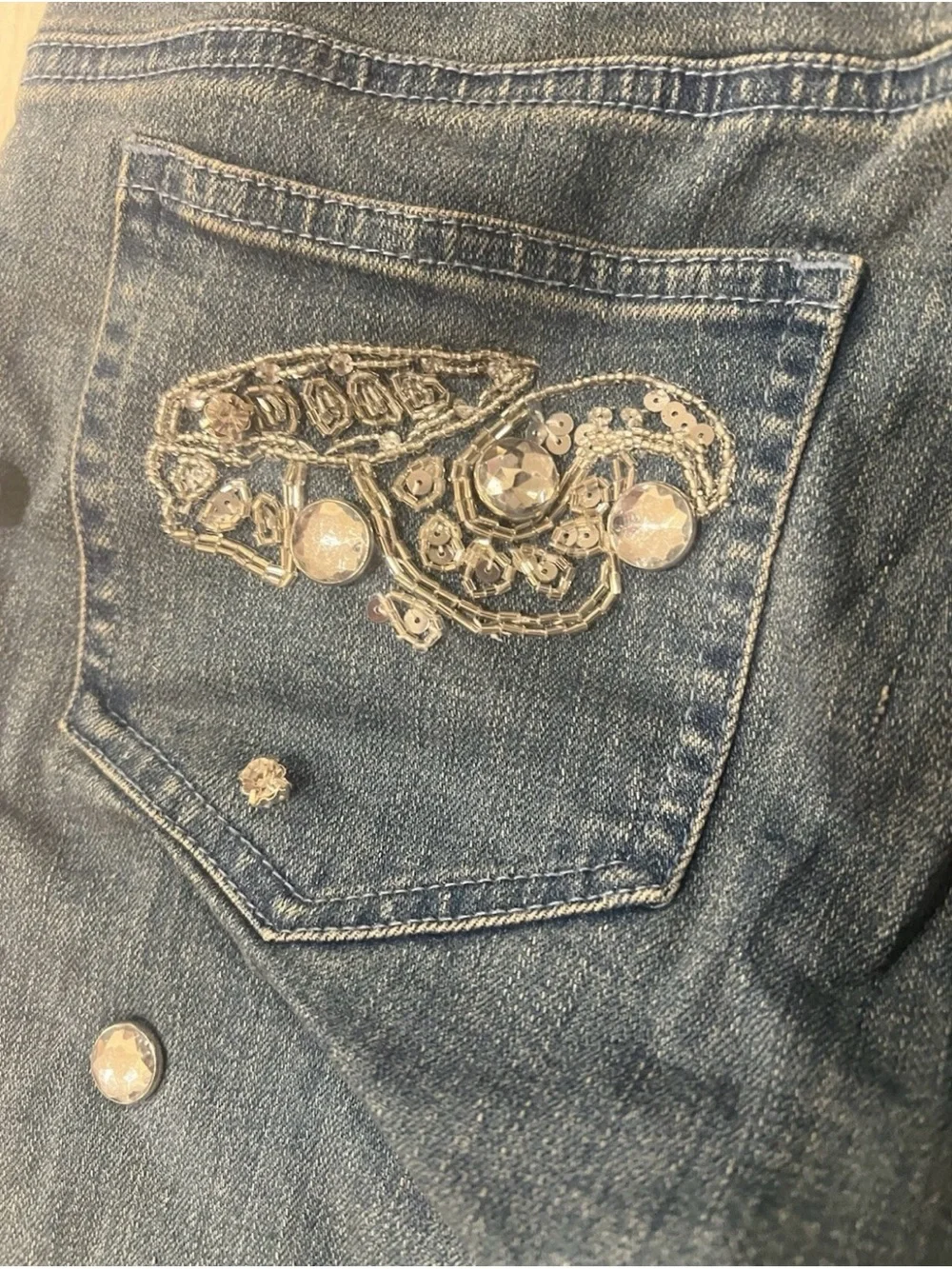 Vintage Cache Y2K Dark Blue Flared Jeans with Silver Rhinestone Embellishment